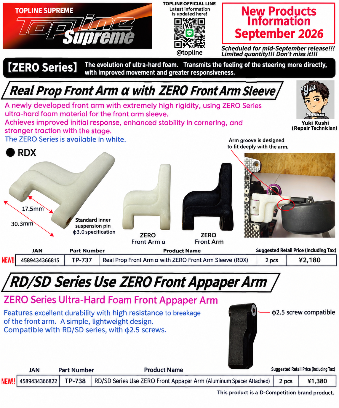 (Brass Sleeve Type: Wide Steering Angle Compatible ZERO Front Lower Arm α) TOPLINE New Product Announcement