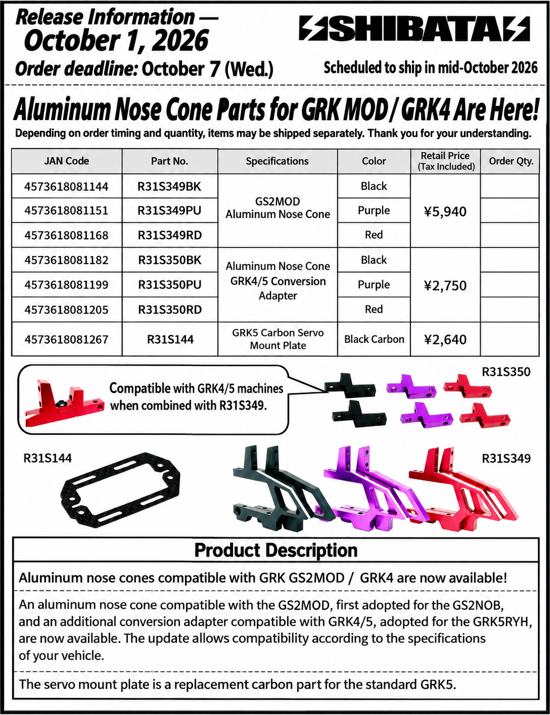 [SHIBATA] Announcement of 7 New Aluminum Nose Cone-Related Parts