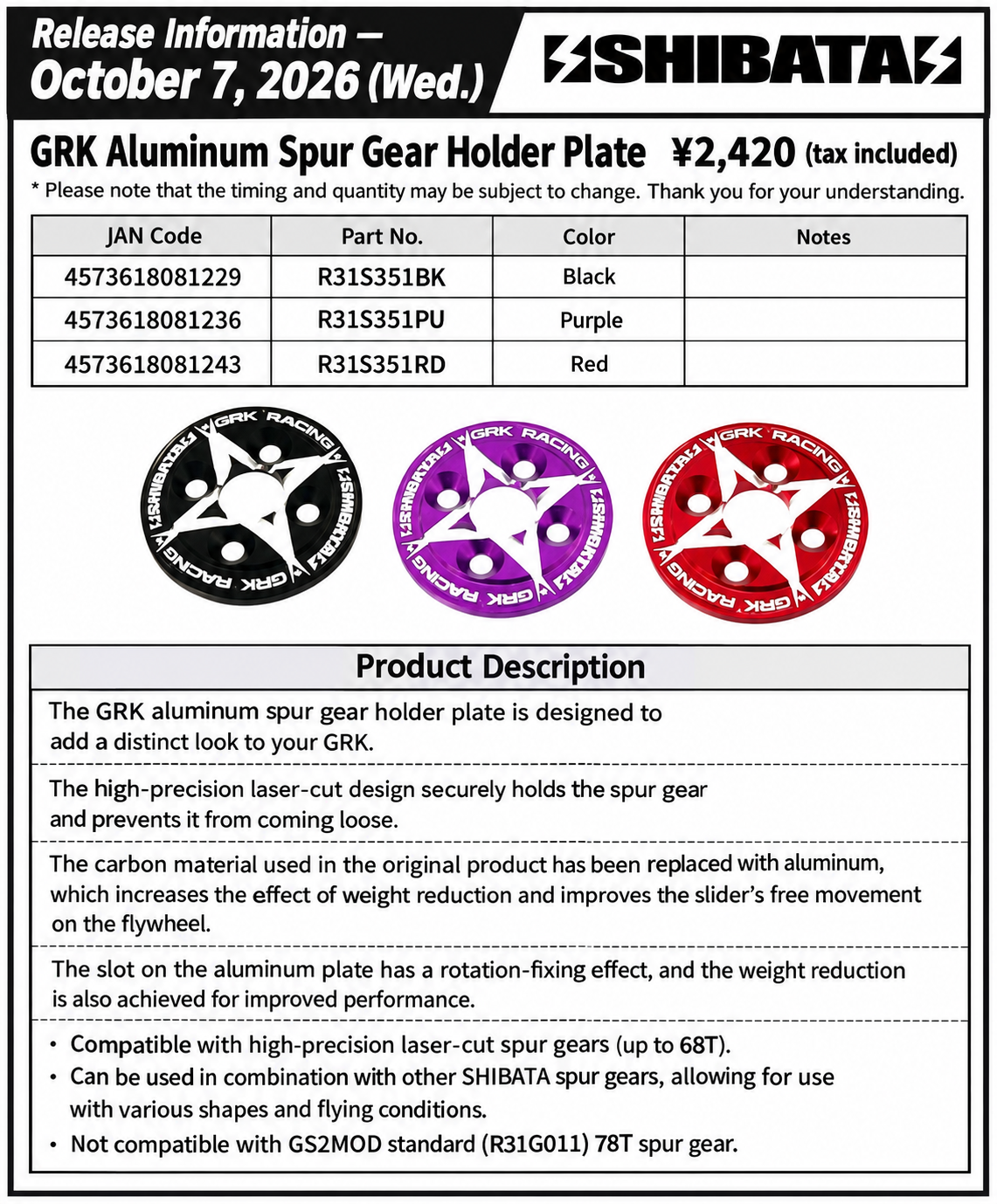 [SHIBATA] Announcement: New Spur Gear Holder Plates (Available in 3 Colors) ? R31S351