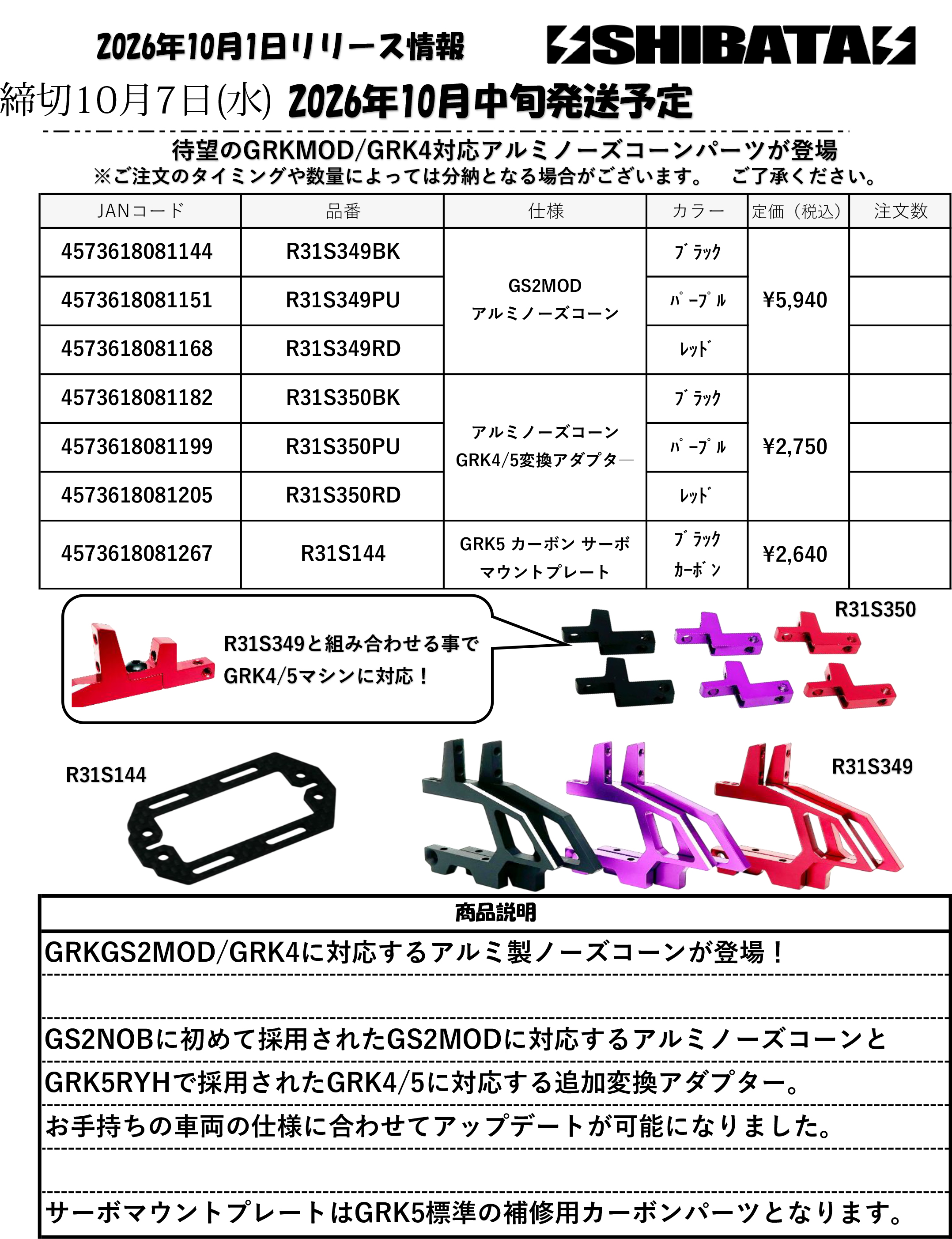 【SHIBATA】新製品　アルミノーズコーン関連パーツ計7種のお知らせ