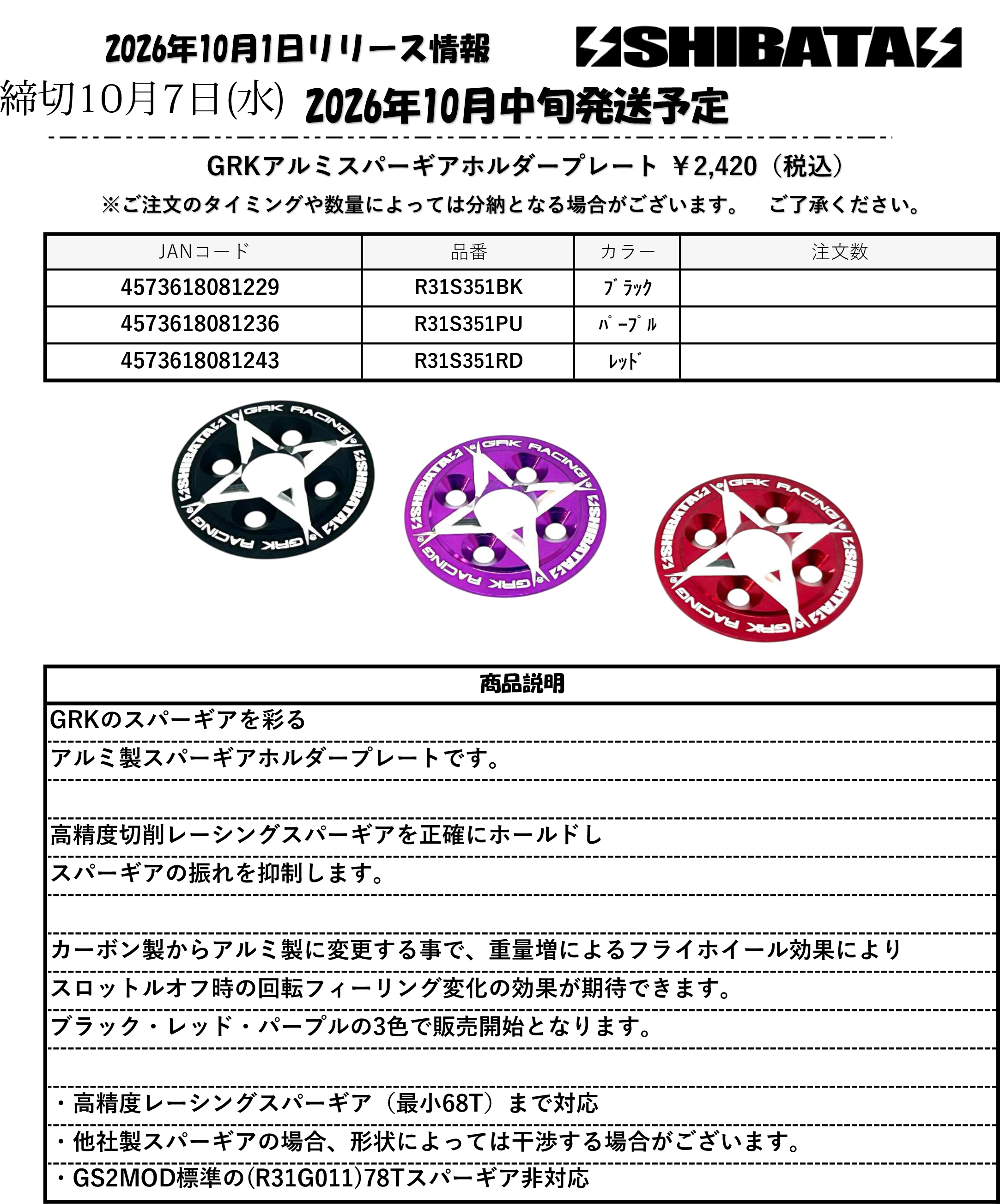 【SHIBATA】新製品　R31S351_スパーギアホルダープレート3色のお知らせ