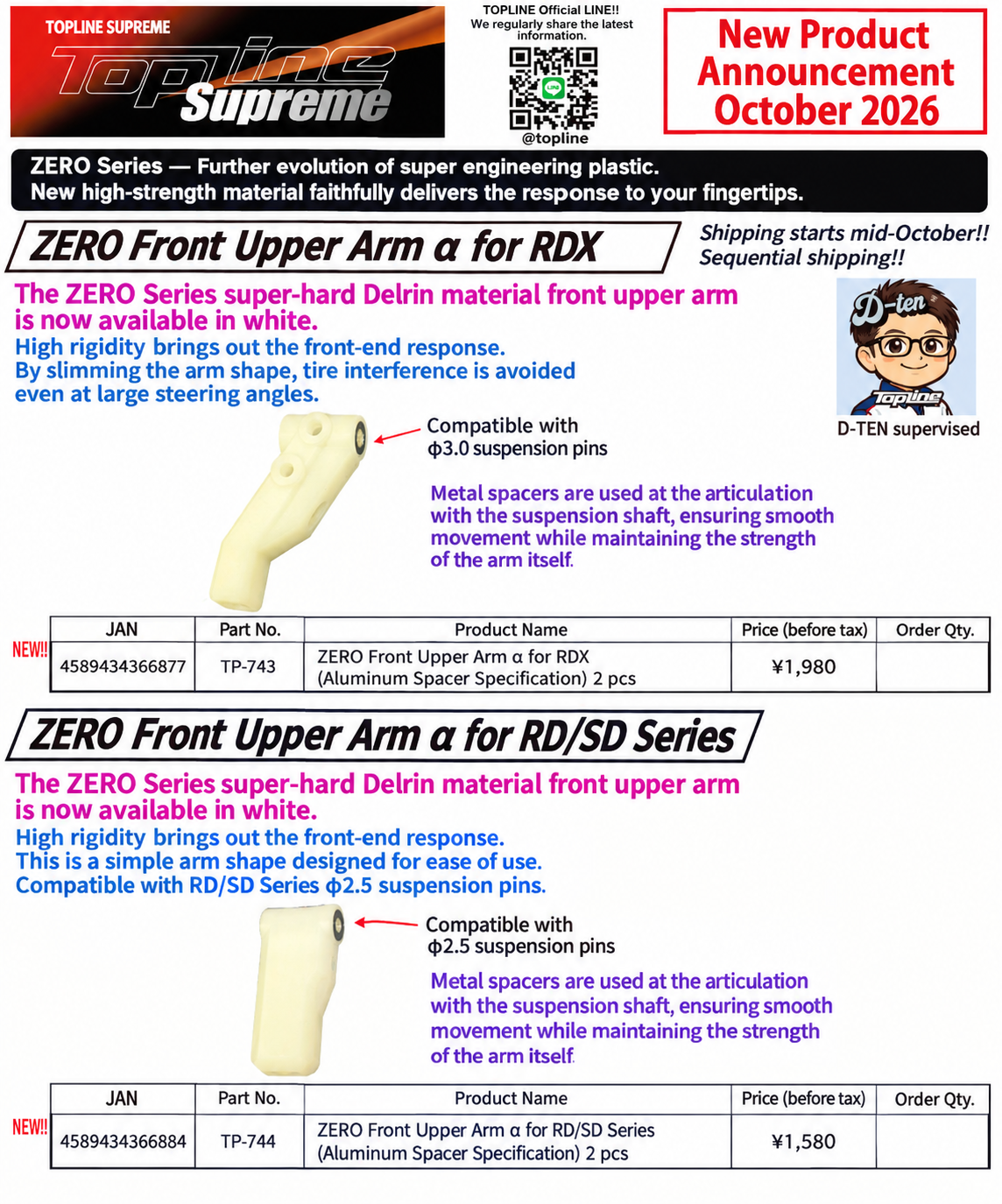 Announcement of New TOPLINE Product: &amp;lt;ZERO Front Upper Arm α&amp;gt; (October 8, 2026)