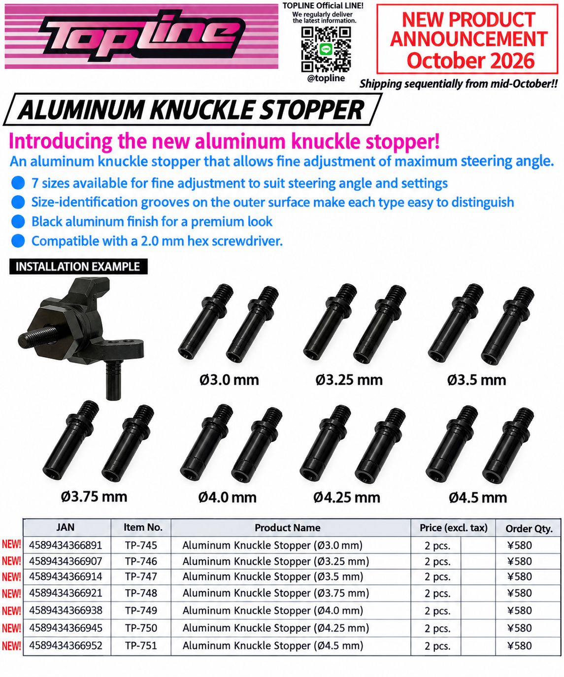 Announcement of New TOPLINE Product: Aluminum Knuckle Stopper